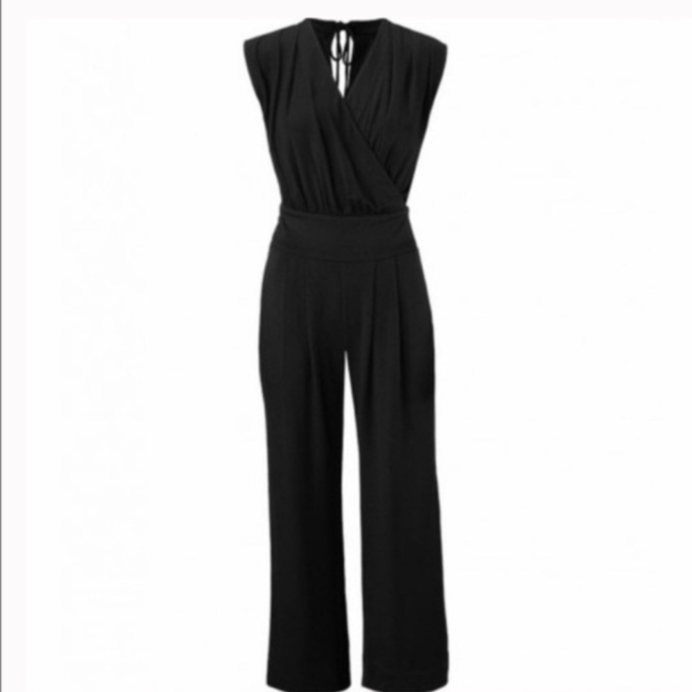 CAbi Wide Leg Cropped Black Romper, Sz S